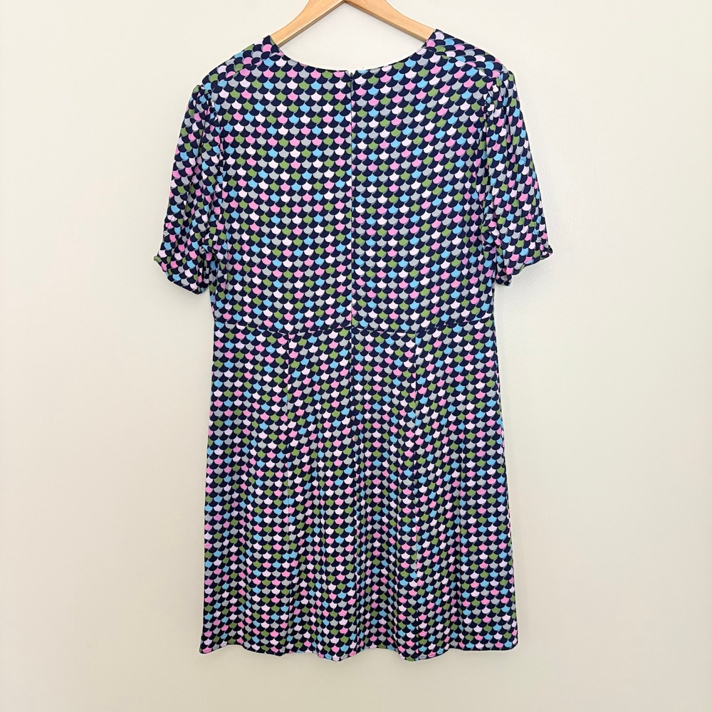Boden Jemima Dress 14R Navy‎ Blue Multicolor Scallop Print V-Neck Ruched - Picture 6 of 13